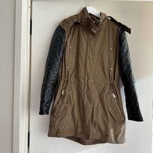 Mango Suit Green Khaki and Faux Leather Sleeves Jacket